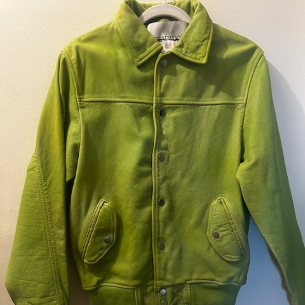 Free People Deadwood Coach Overdye Lime Green Lined Bomber Leather Jacket NWT XS